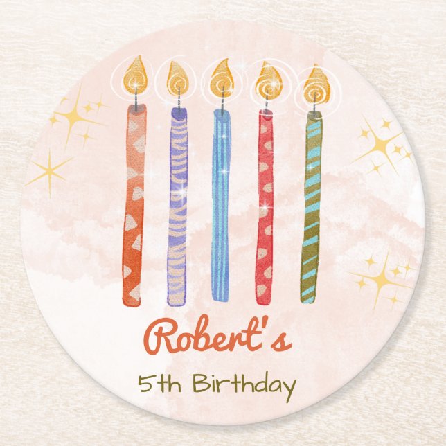 Five sparkling Candles Kids 5th Birthday Round Paper Coaster (Front)