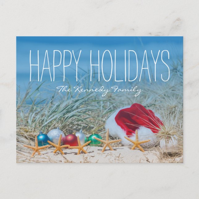 Five starfish on a beach with a Santa hat Holiday Postcard (Front)