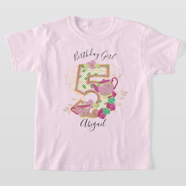 Five Tea Party Birthday Girl | Floral T-Shirt (Laydown)
