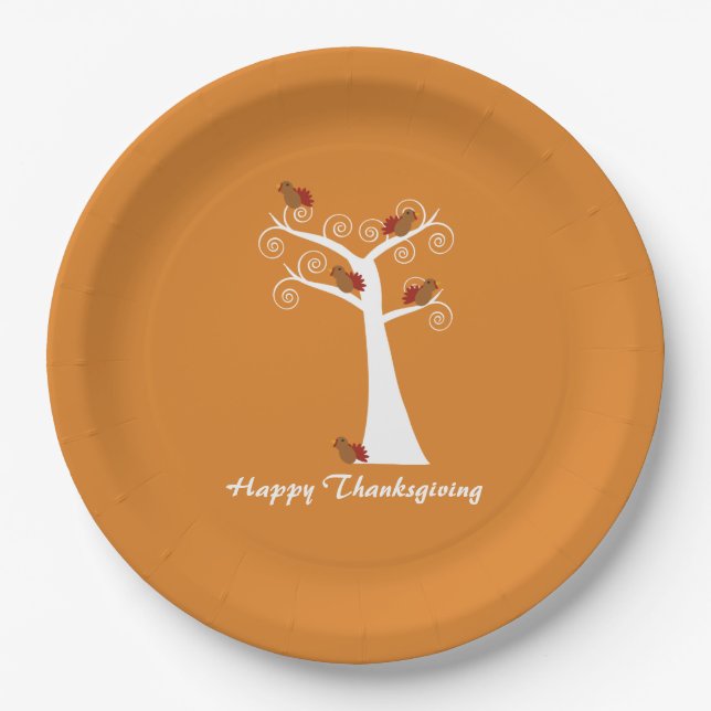 Five Thanksgiving Turkeys in a Tree Paper Plate (Front)