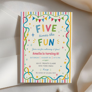 Five Times The Fun Colourful Girl 5th Birthday Invitation