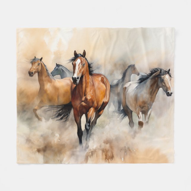 “Five Wild Mustangs” Dusty Western Watercolour Fleece Blanket (Front (Horizontal))