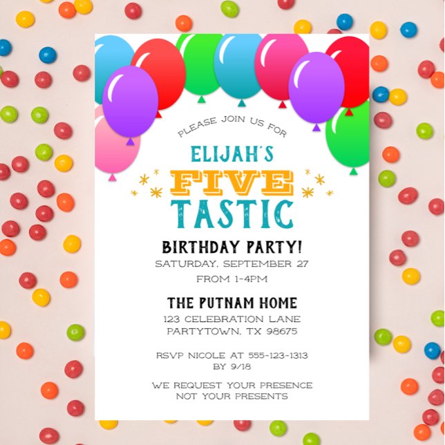 FIVEtastic 5th Birthday Balloon Banner Blue Invitation (Creator Uploaded)