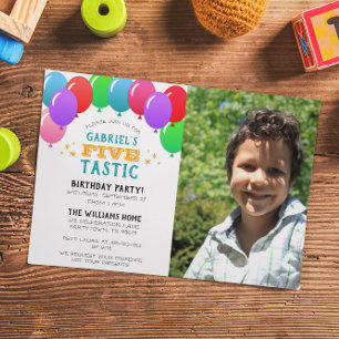 FIVEtastic 5th Birthday Balloon Blue Photo Invitation