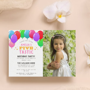 FIVEtastic 5th Birthday Balloon Pink Photo Invitation