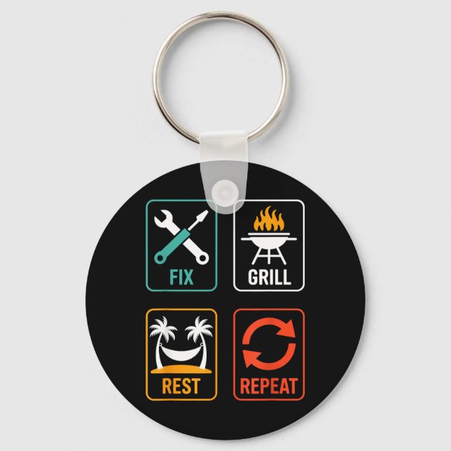 Fix Grill Rest Repeat Funny BBQ Grilling Dad Key Ring (Front)