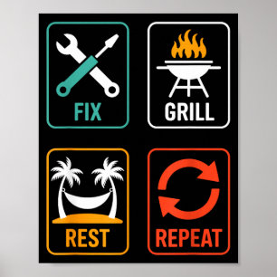 Fix Grill Rest Repeat Funny BBQ Grilling Dad Poster