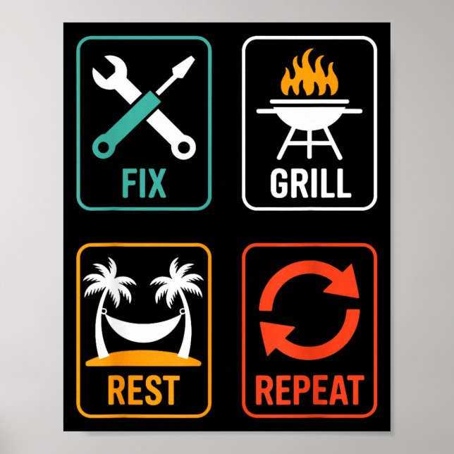 Fix Grill Rest Repeat Funny BBQ Grilling Dad Poster (Front)