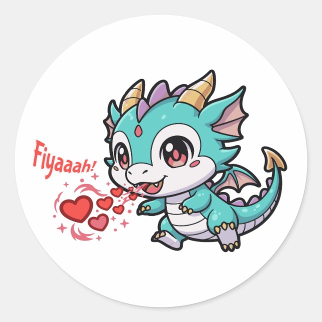 Fiyaaah Cute Baby Dragon Chibi Anime Kawaii Heart Classic Round Sticker (Front)