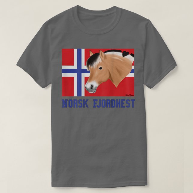 Fjord horse with Norwegian flag, a pony fan, cute  T-Shirt (Design Front)