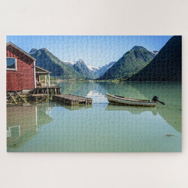 Fjord landscape with boat in Norway Jigsaw Puzzle (Horizontal)
