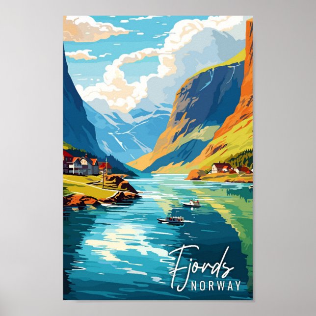 Fjords Norway vintage travel illustration Poster (Front)