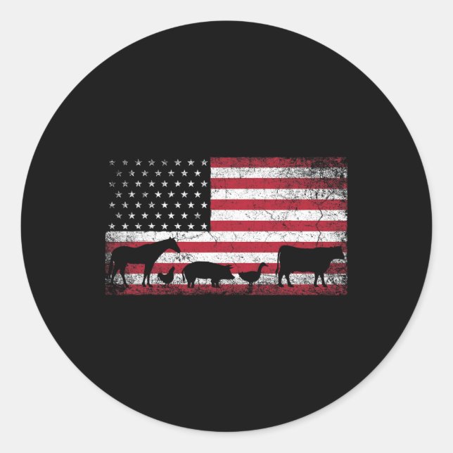 Flag 4th Of July Chicken Horse Cow Pig Farm Gift  Classic Round Sticker (Front)