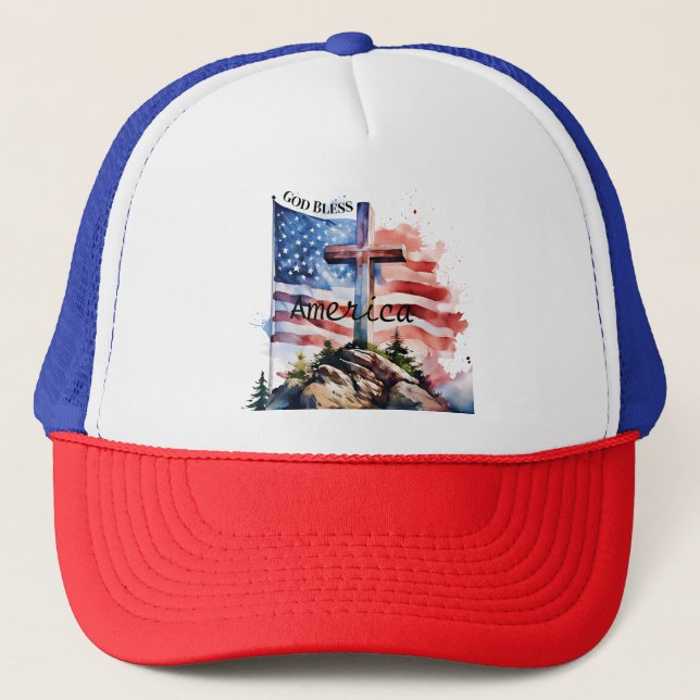 Flag and cross "God Bless America" Trucker Hat (Front)
