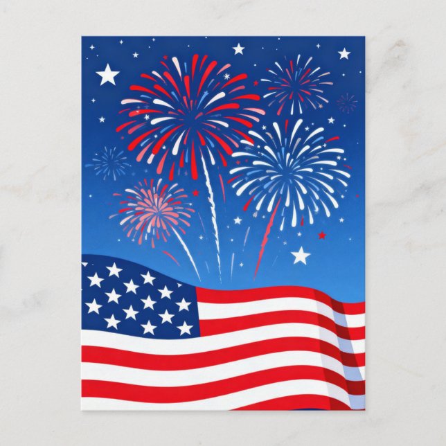 Flag and Fireworks Fourth of July Postcard (Front)