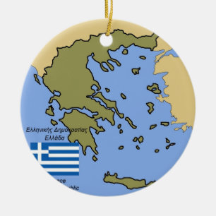 Flag and Map of Greece Ceramic Tree Decoration