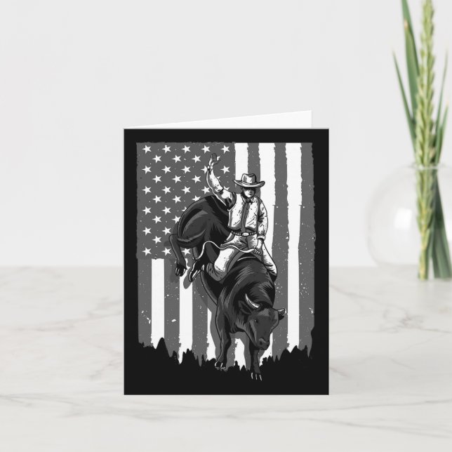 Flag Bull Riding Cowboy 4th Of July Patriotic Rode Card (Front)
