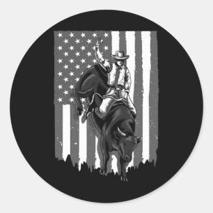 Flag Bull Riding Cowboy 4th Of July Patriotic Rode Classic Round Sticker