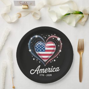 Flag Heart 1776 2026 July 4th 250th Birthday Paper Plate
