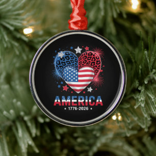 Flag Heart Leopard 1776 2026 July 4th Metal Tree Decoration
