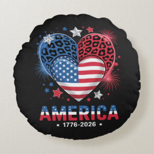 Flag Heart Leopard 1776 2026 July 4th Round Cushion