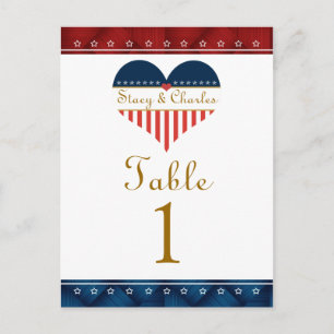 Flag Heart Patriotic Wedding Table Number Cards