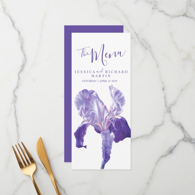 Flag iris purple flowers wedding menu (Front/Back In Situ)