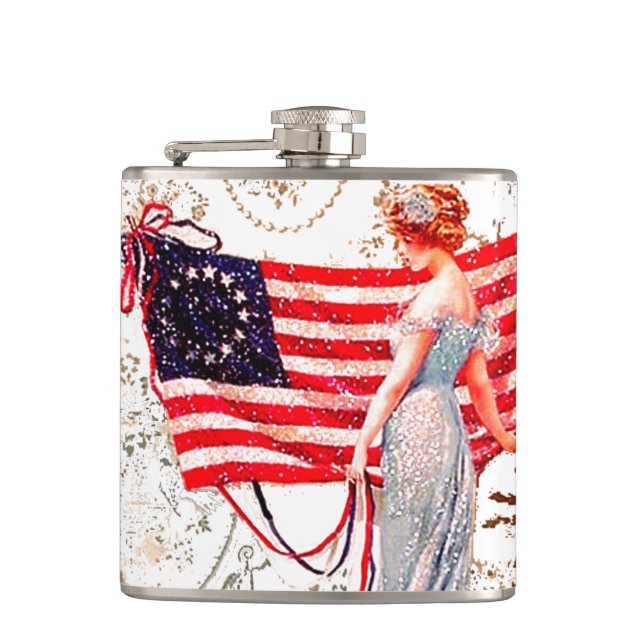 Flag Lady 4th of July Patriotic Hip Flask (Front)