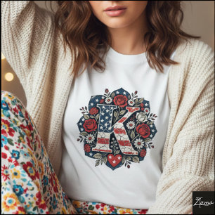 Flag Letter K Roses Mandala Monogram T-Shirt