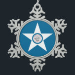 Flag of city of Houston, Texas Snowflake Pewter Ch Christmas Ornament<br><div class="desc">Snowflake Ornament Flag with flag of Houston,  Texas; blue flag with seal of Houston in a white star,  with an illustration of a train</div>