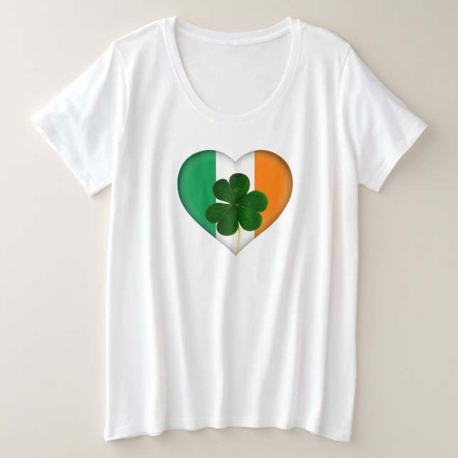 Flag of Ireland Heart with Shamrock St. Patrick Plus Size T-Shirt (Design Front)