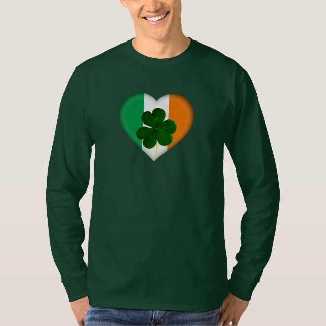 Flag of Ireland Heart with Shamrock St. Patrick T-Shirt (Front)