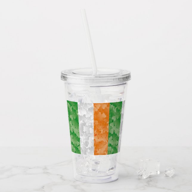 Flag of Ireland with shamrocks pattern Acrylic Tumbler (Front Ice)