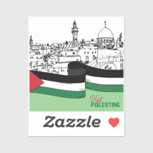 Flag of Palestine and old houses drawn by hand