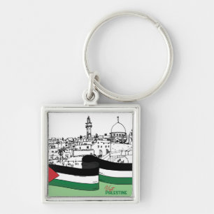 Flag of Palestine and old houses drawn by hand Key Ring