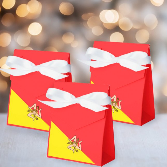 Flag of Sicily Sicilian Party and Events Favor Box (Flag of Sicily Tent Favor Boxes with Custom Wording and White Satin Bow)