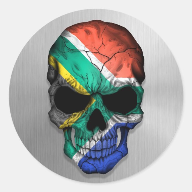 Flag of South Africa on a Steel Skull Graphic Classic Round Sticker (Front)