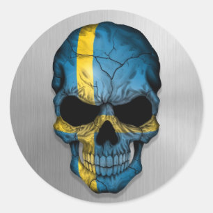Flag of Sweden on a Steel Skull Graphic Classic Round Sticker