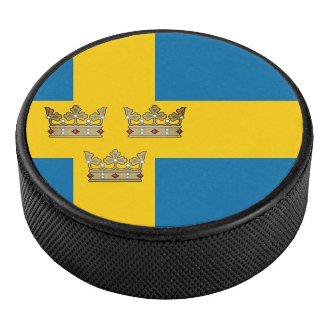 Flag of Sweden with Three Crowns of Sweden added Hockey Puck (3/4)