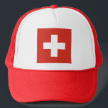 Flag of Switzerland Trucker Hat<br><div class="desc">The flag of Switzerland consists of a red flag with a white cross in the centre. The red colour Swiss flag is ideal for sports events, home decor, restaurants , bars and travel. Text can be added or removed and sizes can be altered. High quality images have been created to...</div>