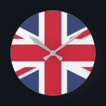 Flag of United Kingdom Round Clock<br><div class="desc">The national flag of the United Kingdom is the Union Jack, also known as the Union Flag. The flag consists of the red cross of Saint George (patron saint of England), edged in white, superimposed on the Cross of St Patrick (patron saint of Ireland), which are superimposed on the Saltire...</div>