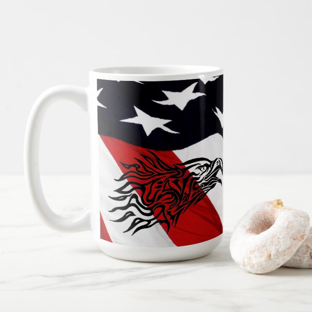 Flag With Screaming Eagle Graphic Coffee Mug (With Donut)