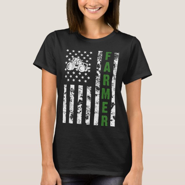 Flag with Tractor  Patriotic Farmer & Farming T-Shirt (Front)
