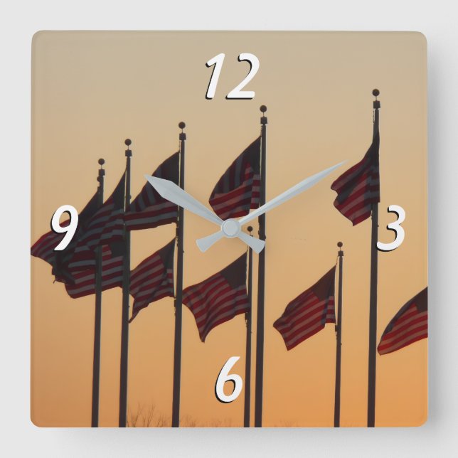 Flags at Sunset American Patriotic USA Square Wall Clock (Front)