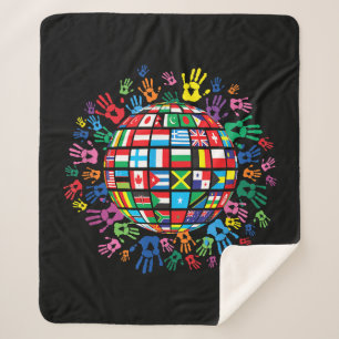Flags of the World with Colourful Handprints Sherpa Blanket