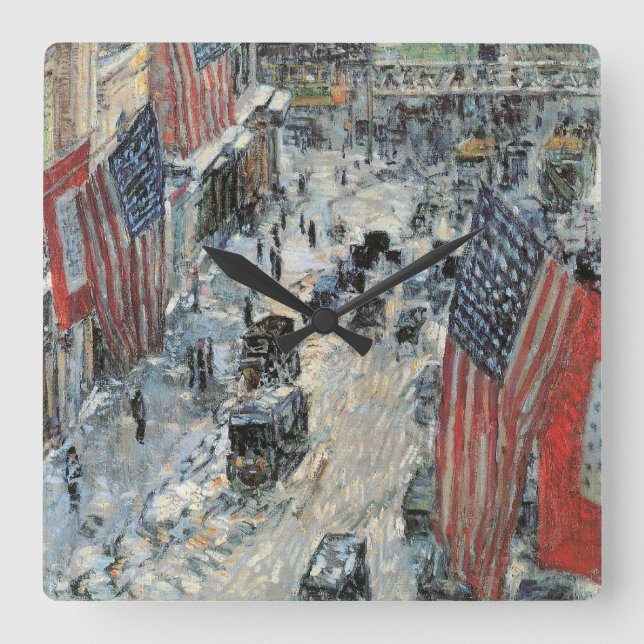 Flags on 57th Street by Frederick Childe Hassam Square Wall Clock (Front)