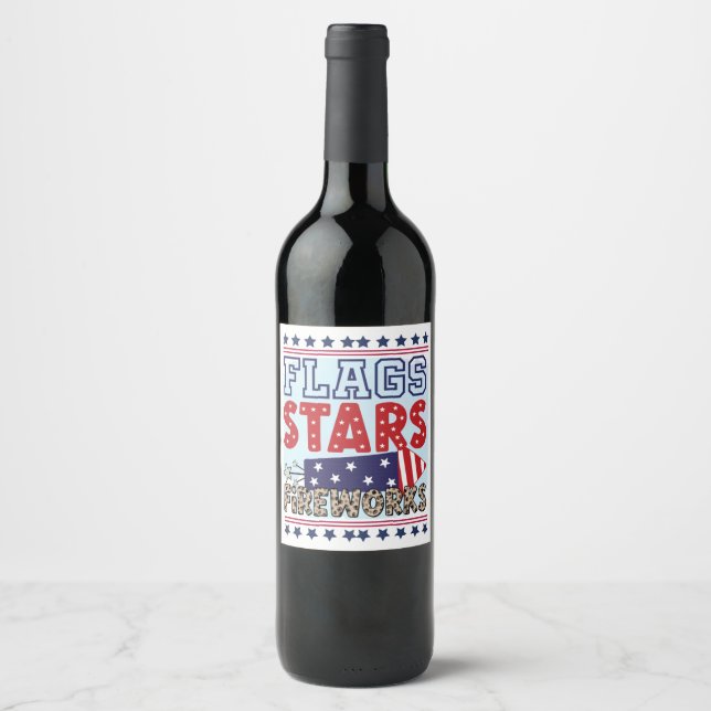 Flags Stars & Fireworks Patriotic US Independence Wine Label (Front)