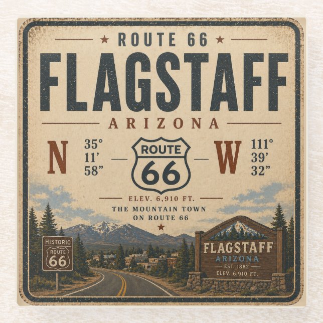 Flagstaff Route 66 Coordinates Cabin  Glass Coaster (Front)