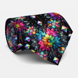 Flamboyant Neck Tie   Rainbow Flowers and Diamonds