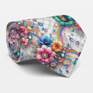 Flamboyant Neck Tie   Rainbow Flowers and Diamonds